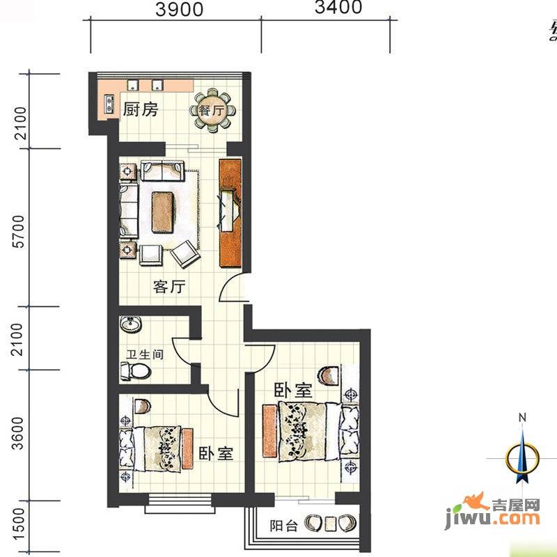 朝凤锦苑2室2厅1卫84.1㎡户型图