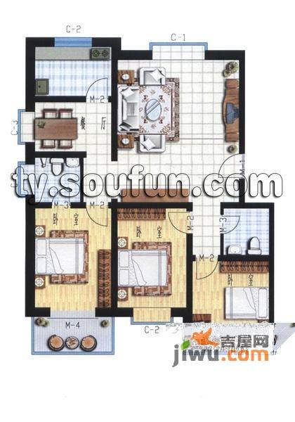 源香小镇3室2厅1卫123.8㎡户型图