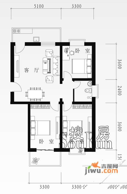 源香小镇2室1厅1卫108.8㎡户型图