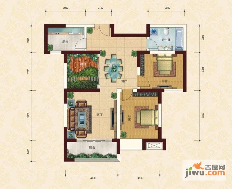 康城2室2厅1卫95.7㎡户型图