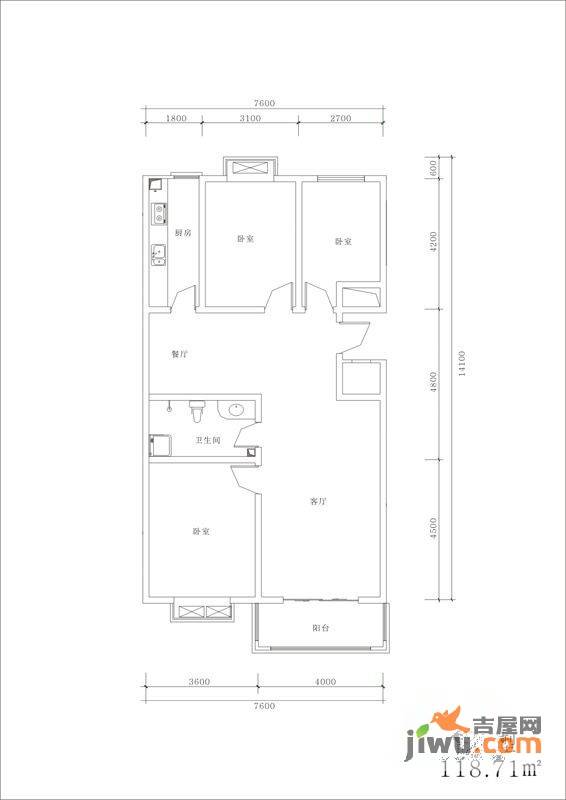 左岸明珠3室2厅1卫118.7㎡户型图