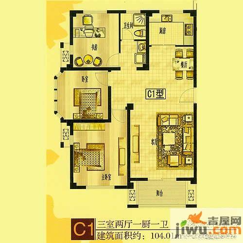 永旭金色阳光3室2厅1卫104㎡户型图