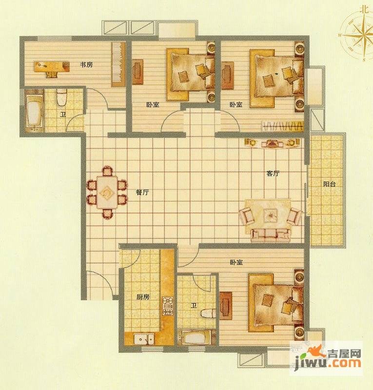 九龙湖福地阁2室2厅1卫95㎡户型图