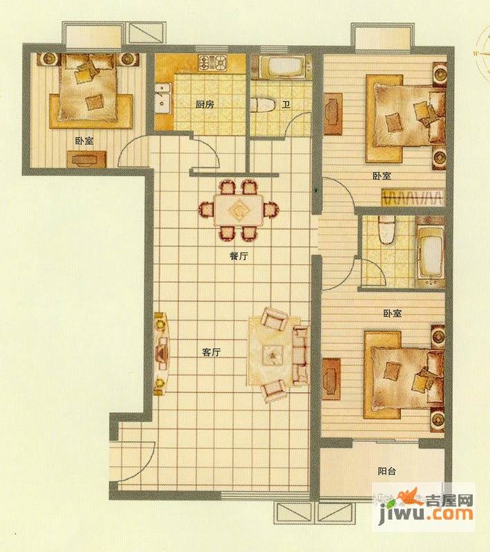 九龙湖福地阁3室2厅2卫135㎡户型图