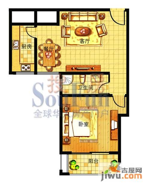 奥运城1室2厅1卫78㎡户型图