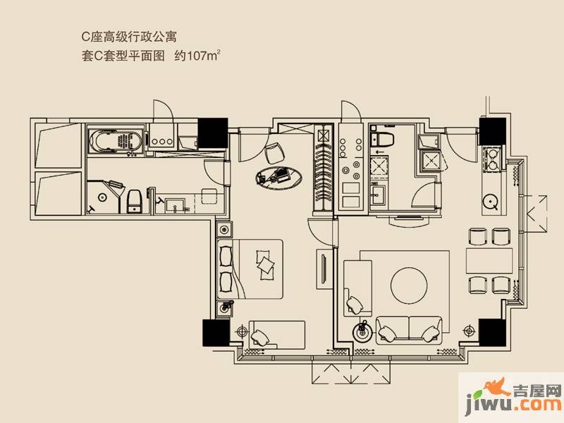 环球中心1室2厅1卫107㎡户型图