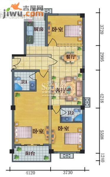 金岸公寓3室2厅2卫115㎡户型图