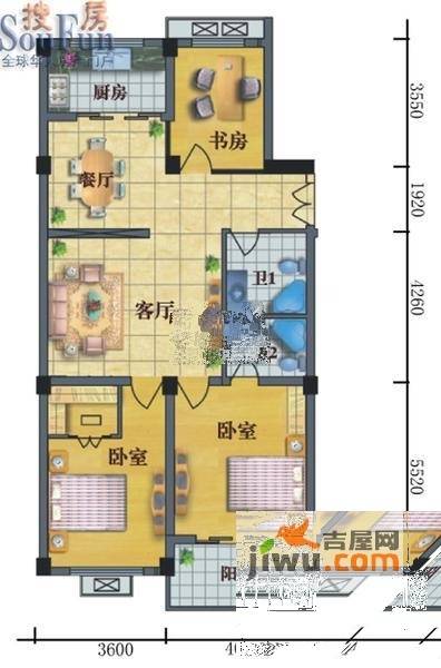 金岸公寓3室2厅2卫115㎡户型图