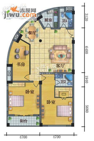 金岸公寓3室2厅2卫115㎡户型图