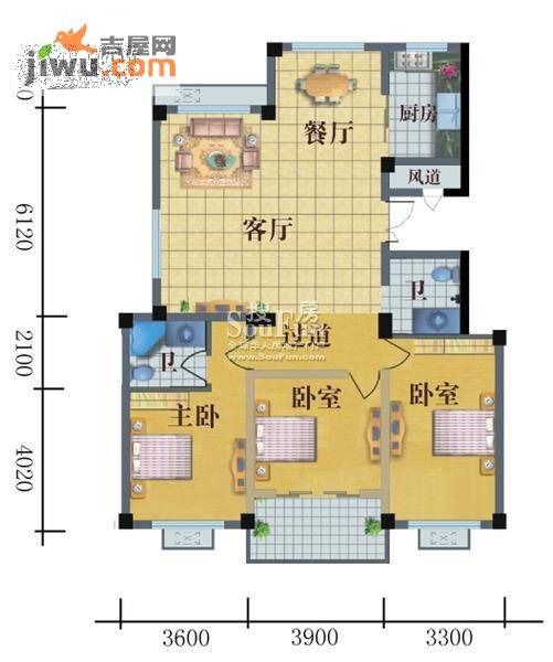 金岸公寓3室2厅2卫115㎡户型图