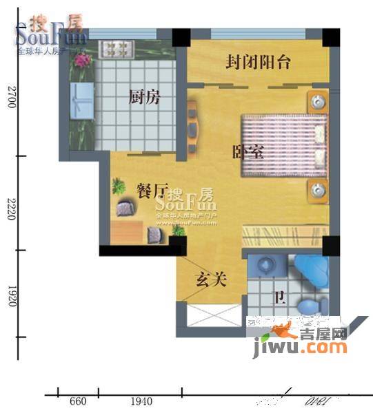 金岸公寓1室1厅1卫35㎡户型图