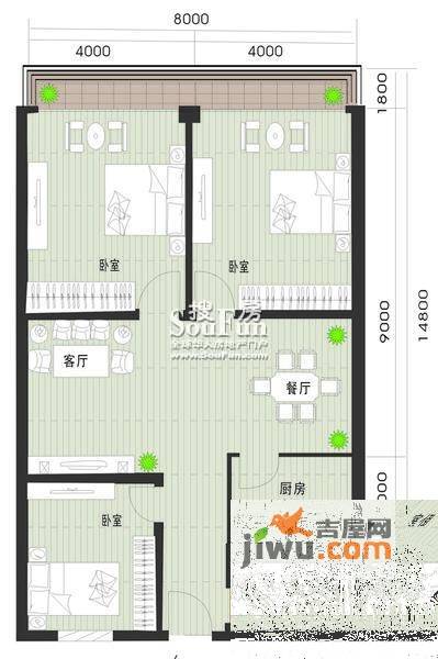 华天大厦3室2厅1卫130.9㎡户型图