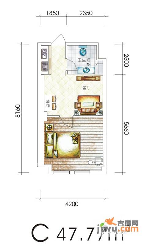 皇城壹号1室1厅1卫47.8㎡户型图