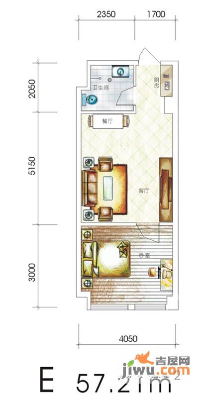 皇城壹号1室1厅1卫57.2㎡户型图