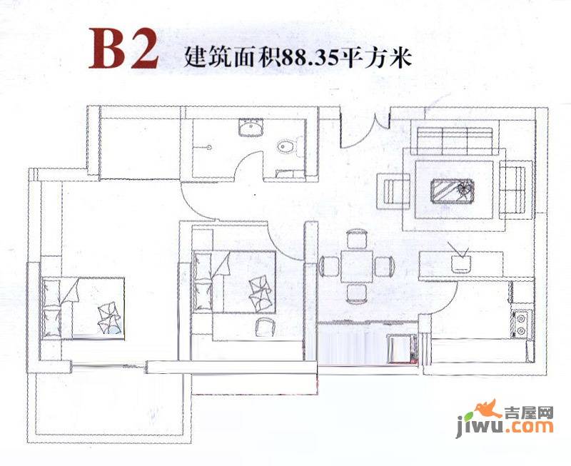 唐延鑫苑2室2厅1卫88.3㎡户型图