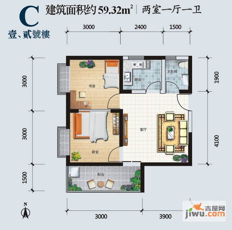 盛世一品2室1厅1卫59.3㎡户型图