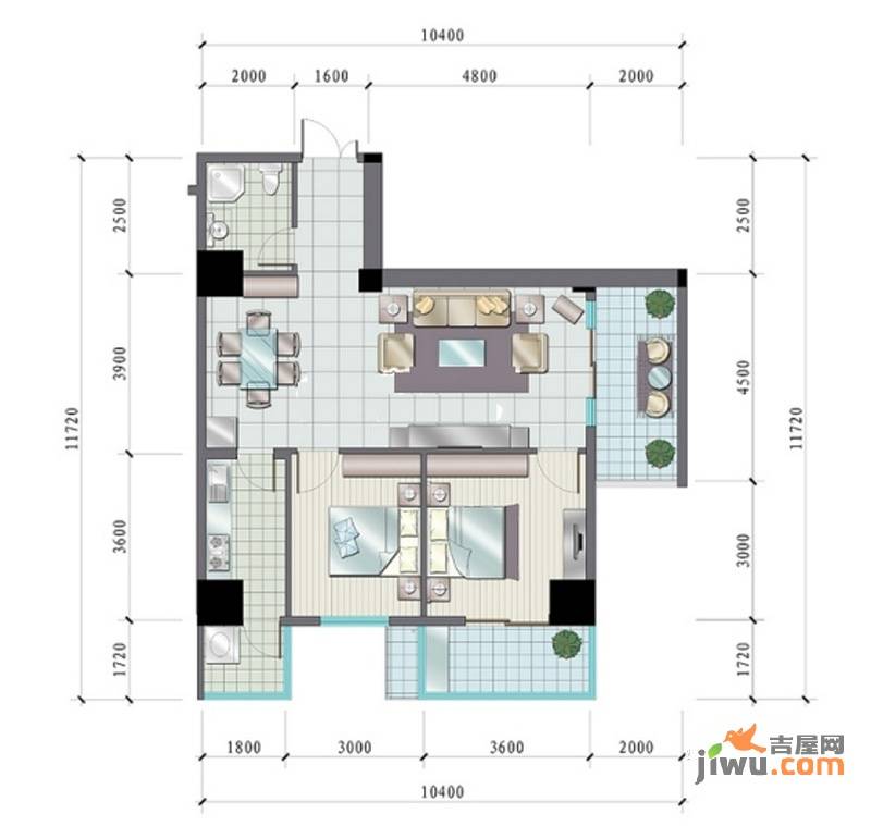 大明宫寓2室2厅1卫89㎡户型图