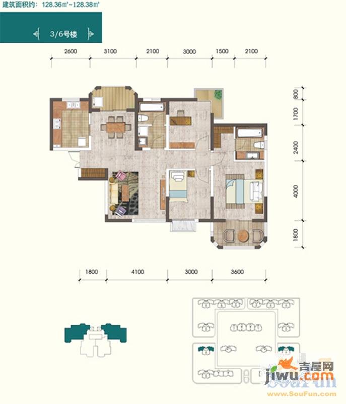 香克林小镇3室2厅2卫128㎡户型图