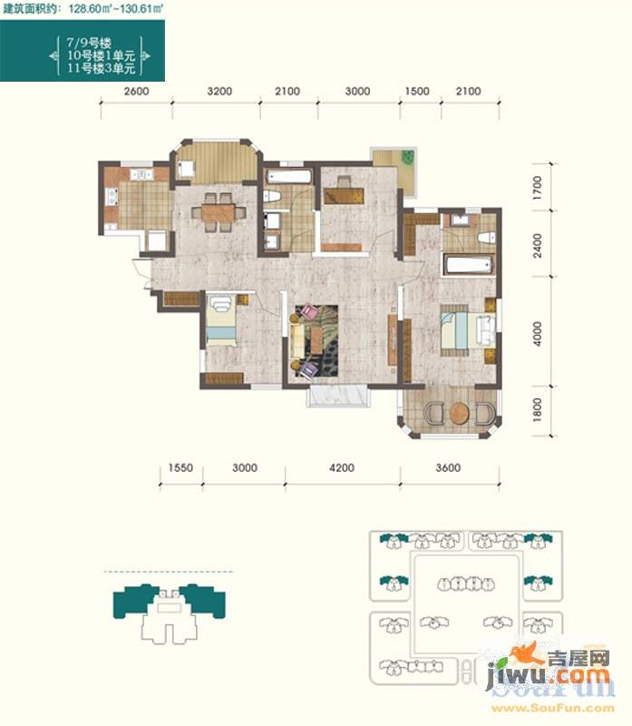 香克林小镇3室2厅2卫128.6㎡户型图