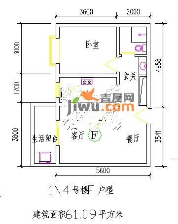 水木白杨1室2厅1卫61.1㎡户型图