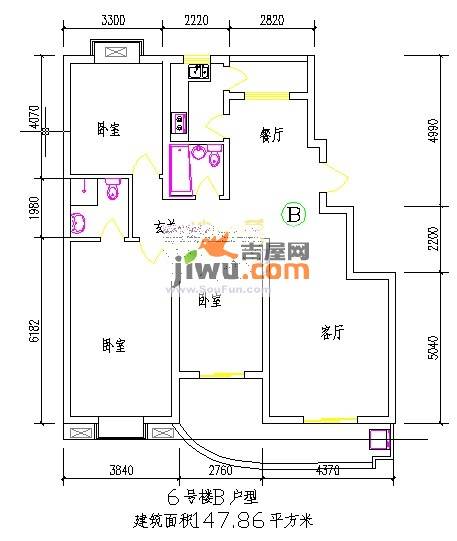 水木白杨3室2厅1卫147.9㎡户型图