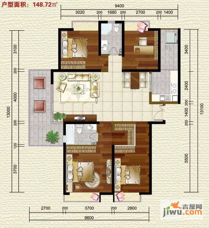 紫薇希望城4室2厅2卫140㎡户型图