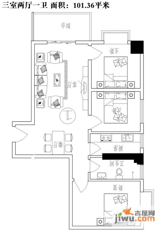 秦岭国际3室2厅1卫101.4㎡户型图