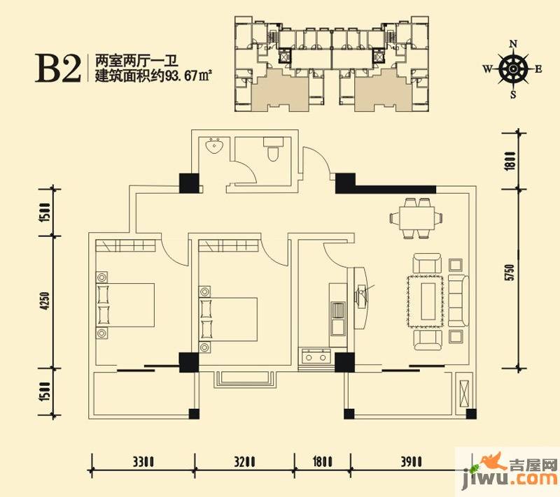 银池品智天下2室2厅1卫93.7㎡户型图