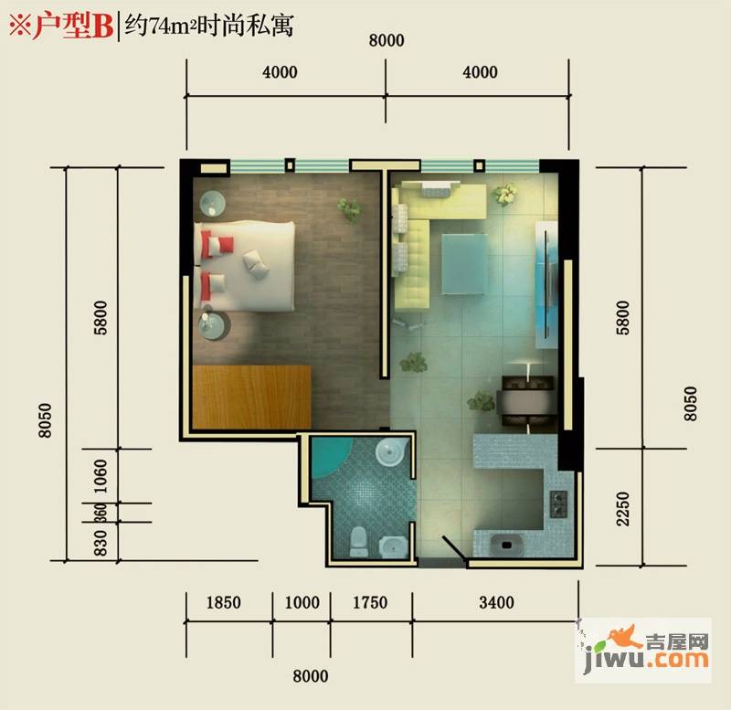 保亿风景御园1室1厅1卫74㎡户型图