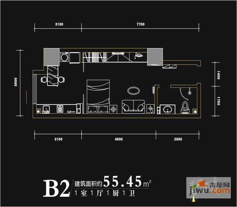 西荷丰润国际公寓1室1厅1卫55.5㎡户型图