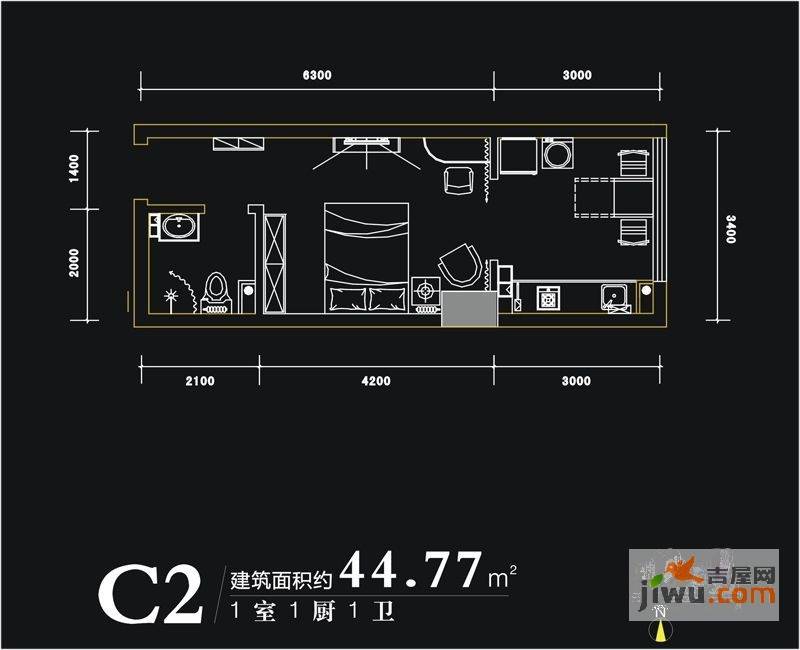 西荷丰润国际公寓1室1厅1卫44.8㎡户型图