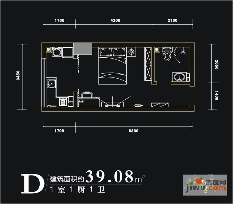 西荷丰润国际公寓1室1厅1卫39.1㎡户型图