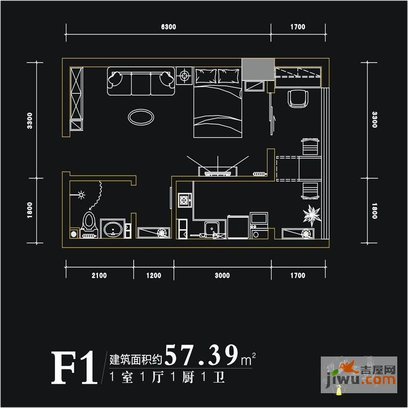 西荷丰润国际公寓1室1厅1卫57.4㎡户型图