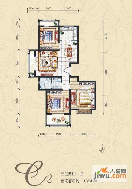 新一代北城国际3室2厅1卫128.4㎡户型图