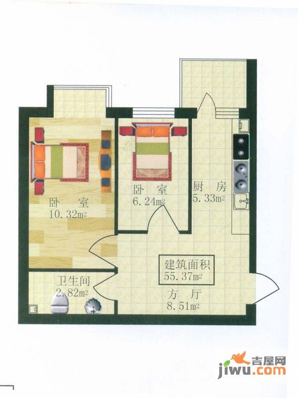 西溪橡园2室1厅1卫55.4㎡户型图