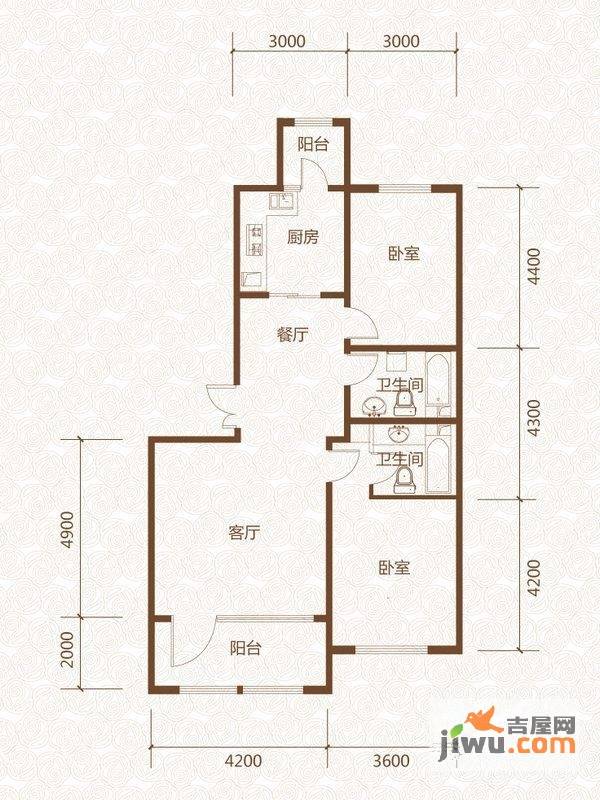 群力玫瑰湾2室2厅2卫74.5㎡户型图