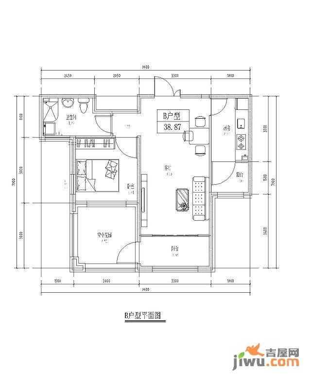 香榭丽舍1室2厅1卫38㎡户型图