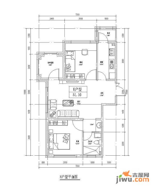 香榭丽舍1室2厅1卫51㎡户型图