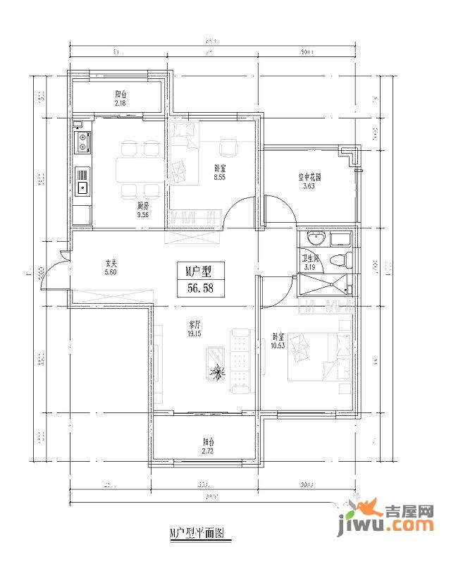 香榭丽舍2室2厅1卫54㎡户型图