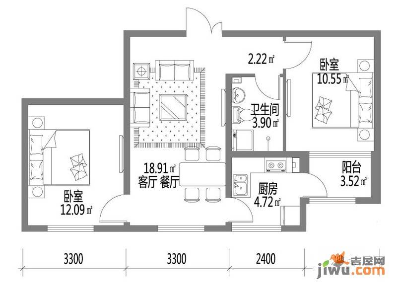 深蓝杰座2室1厅1卫52.4㎡户型图