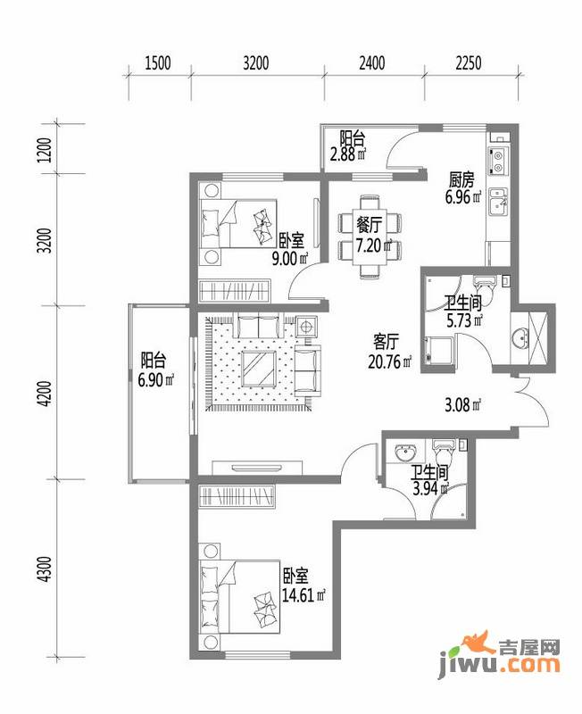 深蓝杰座2室1厅2卫71.3㎡户型图