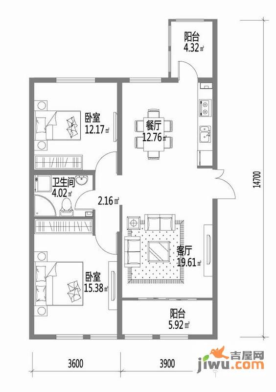 深蓝杰座2室1厅1卫66㎡户型图