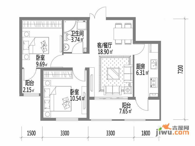 深蓝杰座2室1厅1卫49.2㎡户型图