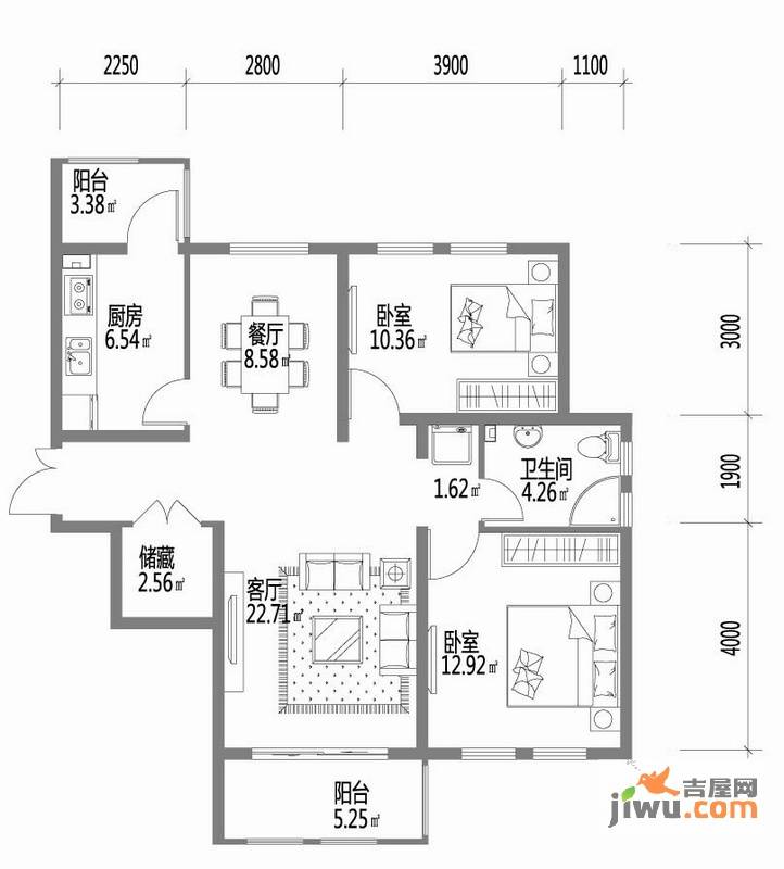 深蓝杰座2室1厅1卫49.2㎡户型图