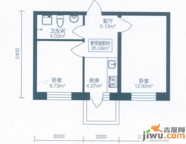 北岸启程2室1厅1卫35.1㎡户型图