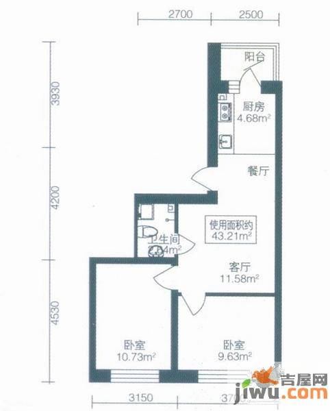 北岸启程2室1厅1卫35.1㎡户型图