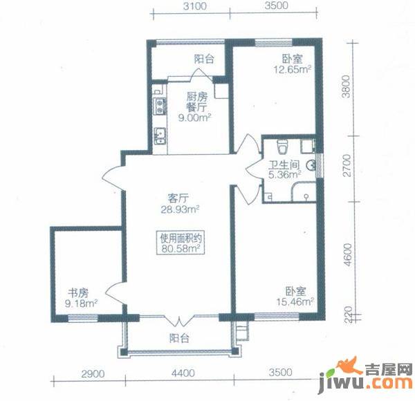 北岸启程2室1厅1卫69.6㎡户型图