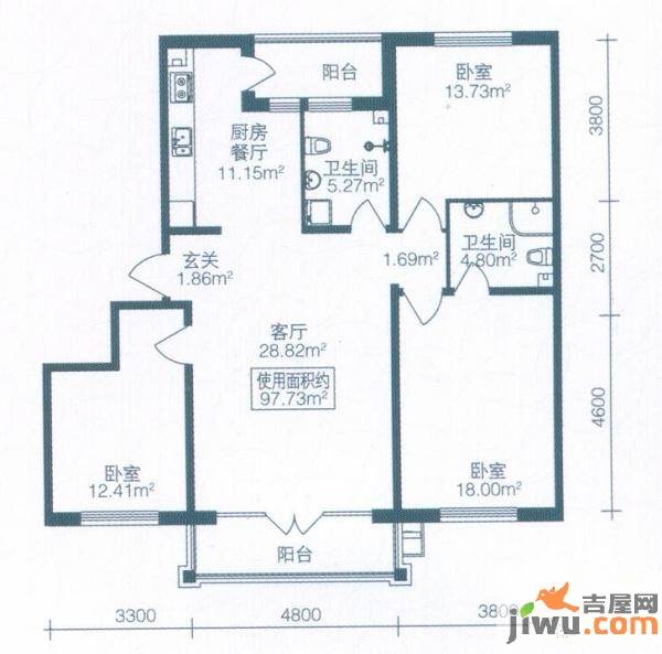 北岸启程2室1厅1卫69.6㎡户型图