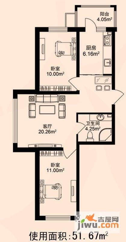 东方玫瑰园2室2厅1卫51.7㎡户型图