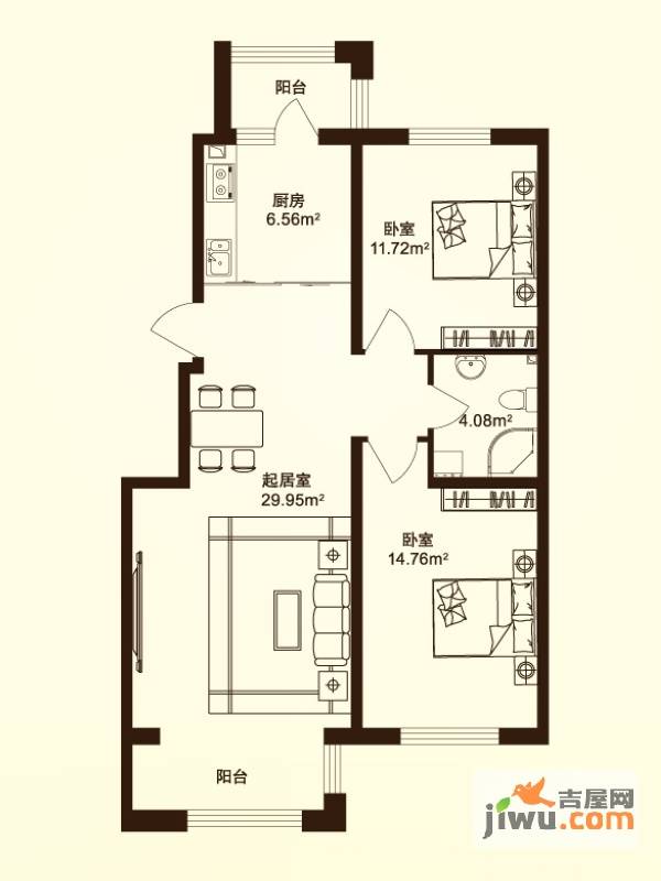 海富第五大道2室1厅1卫68.3㎡户型图